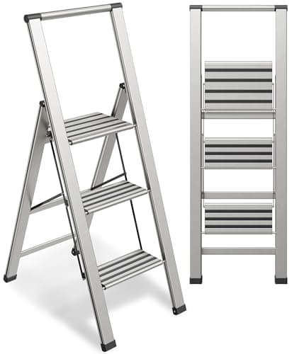 Step Ladder 3 Step Folding, Decorative - Modern Beautiful Aluminum, Lightweight, Ultra Slim Profile, Anti Slip Steps, Sturdy-Portable for Home, Office, Kitchen, Photography Use,by SORFEY