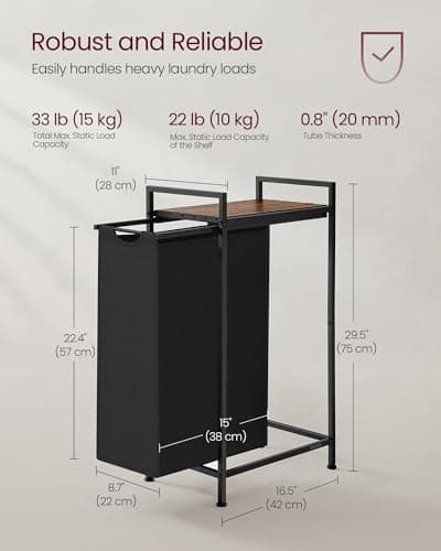 VASAGLE Laundry Hamper, Laundry Basket, Laundry Sorter with a Pull-Out and Removable Bag, Shelf, Metal Frame, 12.4 Gallons (47 L), 16.5 x 11 x 29.5 Inches, Ink Black and Rustic Brown UBLH001B01 5