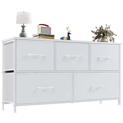 OLIXIS Dresser for Bedroom with 5 Drawers, Wide Chest of Drawers, Fabric Bedroom Dresser with Drawer Organizers, Storage Organizer Unit with Fabric Bins for Closet, Living Room, Hallway, Classic White