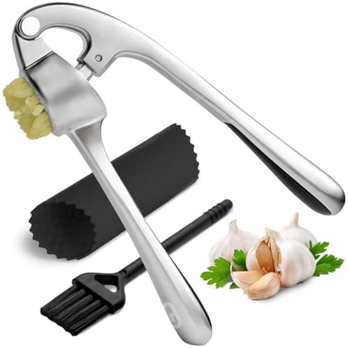 Garlic Press Crusher & Mincer – Easy Squeeze Ergonomic Handle, Heavy Duty Zinc Alloy, Dishwasher Safe, Includes Peeler & Cleaning Brush – Garlic Ginger Crusher Tool (Silver)