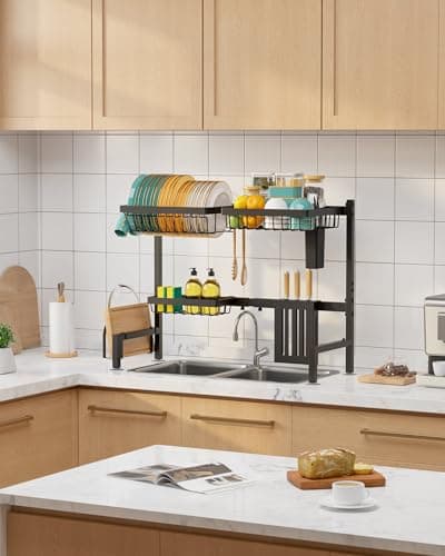 Sakugi Over The Sink Dish Drying Rack - Adjustable 2 Tier Large Capacity Stainless Steel Drainer with Cutlery & Utensil Holders, Kitchen Storage & Organization, 30"-33.9" L x 11" W x 21.5" H, Black 8