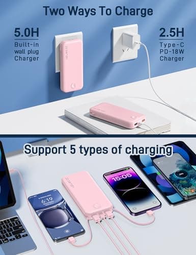 Nusyddy Portable Charger, 12000mAh 22.5W Fast Charging Power Bank with Built-in Cables & Wall Plug, Travel Essentials External Battery Pack, USB C Battery Phone Charger for iPhone, iPad, Samsung Pink 6