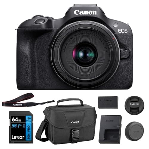 Canon EOS R100 Mirrorless Camera with RF-S18-45mm F4.5-6.3 IS STM Lens Kit, 24.1 Megapixel CMOS (APS-C) Sensor, 4K Video, RF Mount | Black Bundled with 64GB Memory Card & Camera Shoulder Bag (3 Items)