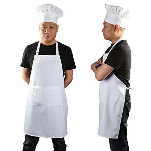 yotache Chef Apron and Hat Set, Chef Hat and Kitchen Apron Adult Adjustable White Baker Costume for Men and Women, 1 Set (33" L x 26" W)