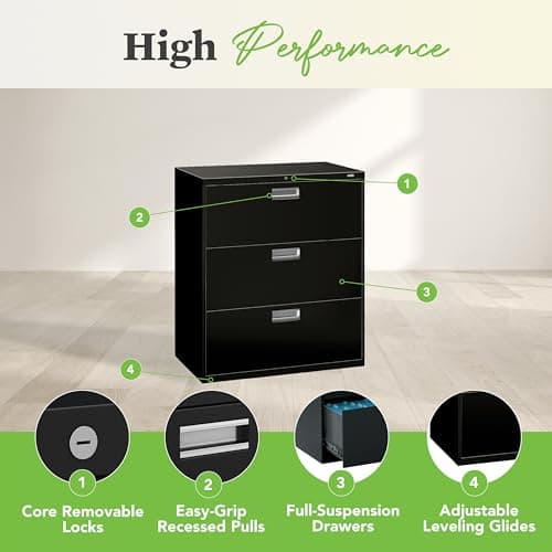 HON 3 Drawer Lateral File Cabinet with Lock, Metal Filing Cabinets for Offices, Adjustable Hangrails for A4, Legal, Letter Files, 18" Deep, Black 4