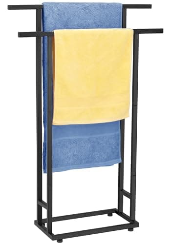 Standing Towel Racks for Bathroom, 2 Tier Bathroom Floor Free Standing Towel Rack, Tall Enough Pool Bath Drying and Dispaly Outdoor Stand for Storage, Black Freestanding Blanket Holder, ALHAKIN