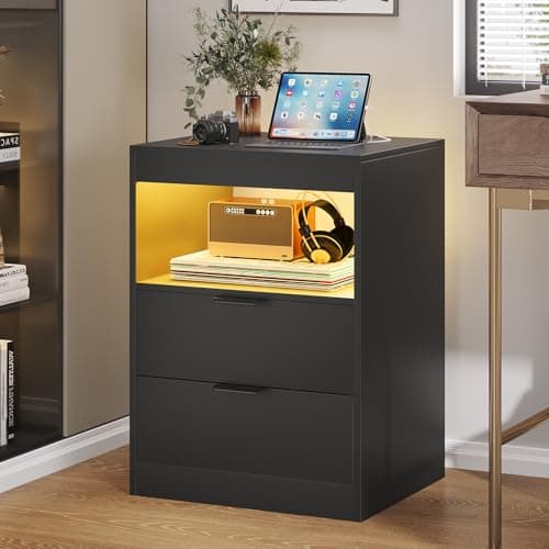ADORNEVE LED Nightstand Black Nightstand with Wireless Charging Station 2 Drawers, Modern Bedroom End Side Table with LED Lights, Wooden Sofa Bedside Table with Pull-Out Shelf 9