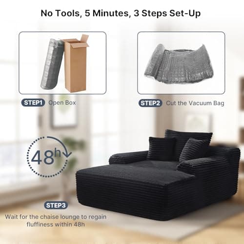 Yomsum 65'' Chaise Lounge Chair Indoor, Black Plush Corduroy Cloud Couch, Fluffy Oversized Sofa Bed for Bedroom Living Room, Comfy Boneless Reading Longue Chair Sleeper Sofa No Assembly 6