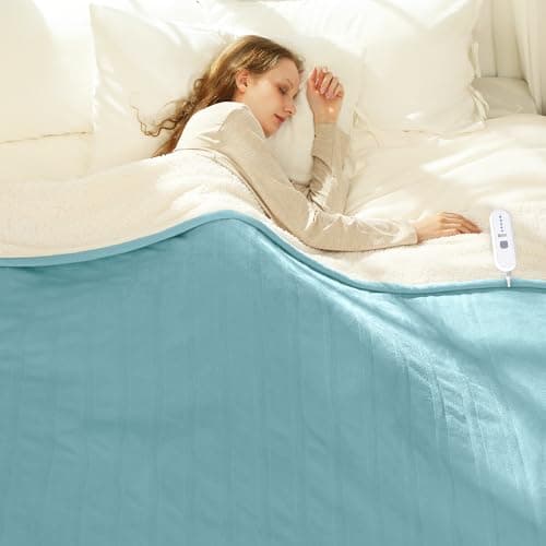 VELLUBAM Electric Blanket Twin 62" x 84" - Soft Cozy Flannel Sherpa Heated Blanket Twin with 5 Heating Levels & 10 Hours Auto Off, Ideal Gift for Grandma, Machine Washable and ETL Certified (Blue)