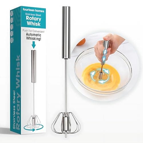 Fourteen Homes Stainless Steel Egg Whisk - Hand Push Rotary Blender & Versatile Milk Frother, 12in - Ideal for Blending, Whisking, Beating & Stirring