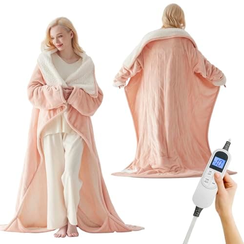 Richtry Electric Blanket Wearable with Foot Pockets & Sleeves, Electric Heated Snuggle Blanket, Flannel & Sherpa Heating Throw with 10 Heat Settings, 1-12 Hours Auto Shut-Off, 50"×70", Pink