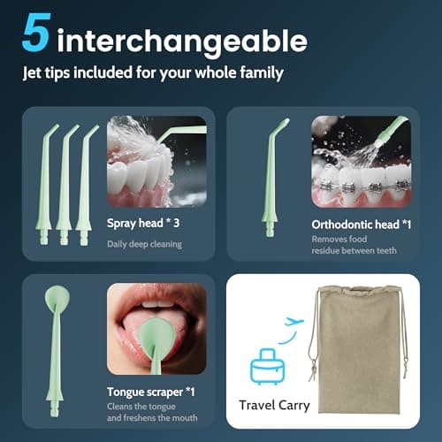 Water Flossers for Teeth, Electric Floss for Adults & Kids, Water Dental Picks, Cleaning and Flossing, Portable Flossers for Travel Size, Gums, Dental Care with Travel Bag, Waterproof - Green/Pink 7