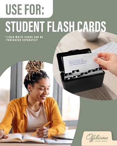 OFFILICIOUS Sturdy Index Card Holder Box 3x5 - Premium Business Card Organizer for Flash Cards, Notecards, Recipes - Recipe Box Case with Plastic Index Cards Dividers & Labels 6