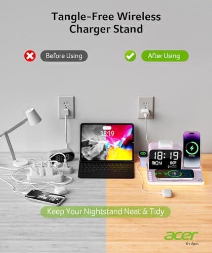 Acer 7-in-1 Wireless Charging Station with LED Clock - 30W Fast Wireless Charger for iPhone 16/15/14/13/12/Pro Max, Apple Watch, AirPods - Bluetooth Auto Time Sync & Night Lights (Purple) 6
