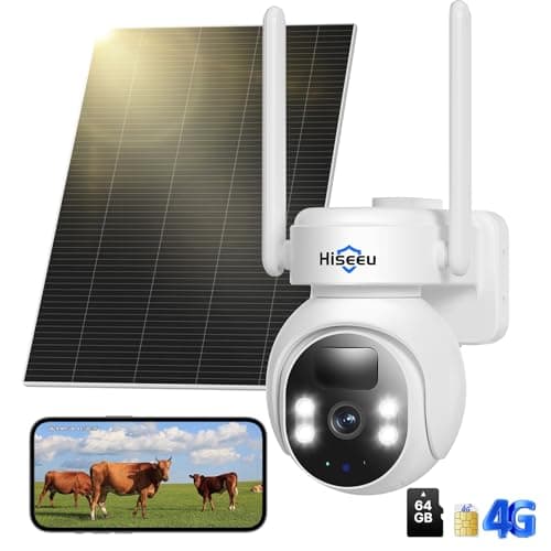 Hiseeu 4G LTE Cellular Security Camera Solar Powered, No WiFi Security Cameras Wireless Outdoor, PIR Motion, 2 Way Talk, 360° PTZ, 2K Color Night Vision, 64G SD & SIM Card Included