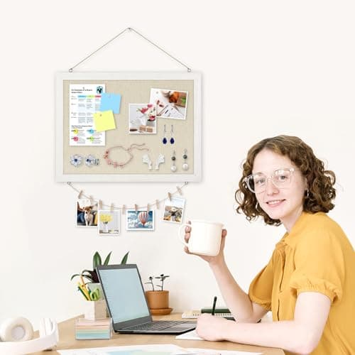 DOLLAR BOSS Bulletin Boards with Linen 1-Pack 16''X 12'' Double-Sided Cork Board for Walls Wood Framed Bulletin Boards, Small Pin Board for Home Kitchen Office Decorative Hanging 10 Pushpins 9