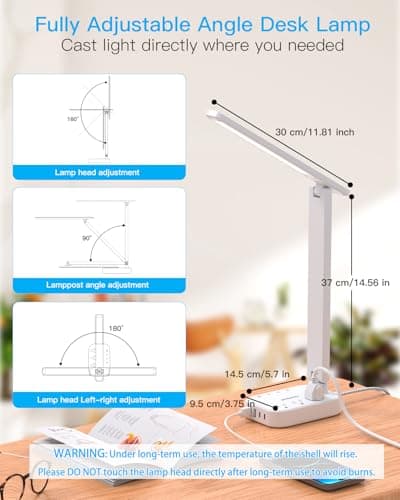One Beat LED Small Desk Lamp Power Strip 5ft Extension Cord, 3 Outlets, 4 USB Ports(2 USB C), 4 Modes, 5 Level Touch- Home, Office, Bedroom, Bedside, Study Reading Light, Dorm Room Essentials, White 6