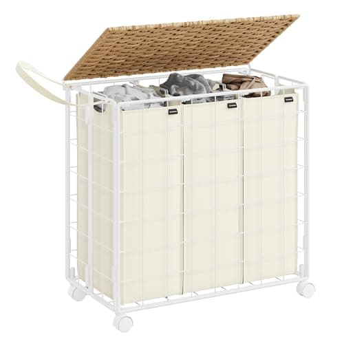 SONGMICS Laundry Hamper, 130L Laundry Basket with Lid, Clothes Hamper with Wheels, Collapsible Removable Liner Bag, Iron-Made Laundry Sorter, Natural Beige and Cream White ULCB313N01