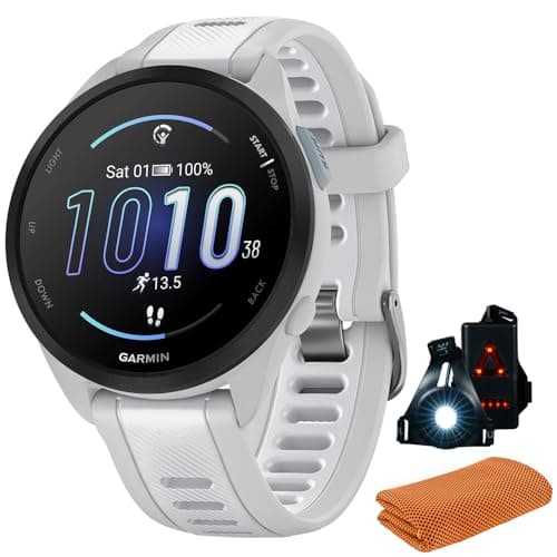 Garmin 010-02863-21 Forerunner 165 Smart Sport Watch, Mist Gray + Whitestone | Official USA Partner Model | Bundle with Sport Towel + Deco Essentials Wearable Commuter Front and Rear Safety Light