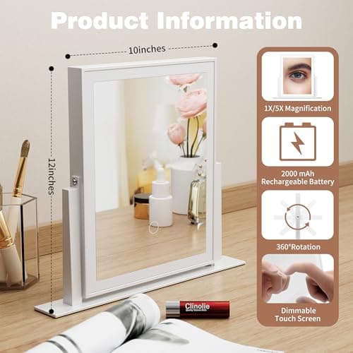 Double Sided Hollywood Vanity Mirror with 1x/5x Magnification and Lights,Rechargeable 10"x12" Lighted Magnifying Makeup Mirror with 3 Color Lighting,Brightness Adjustable,360° Rotation,Gift for Women 6