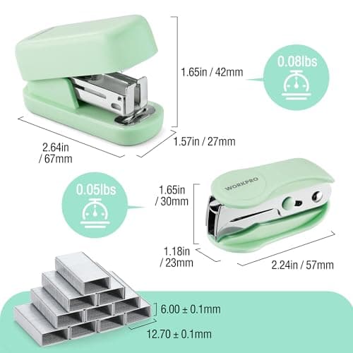WORKPRO Small Stapler with Staples, Green Stapler Set Includes Two Mini Staplers, One Staple Remover, 2000 Standard Staples - Cute Staplers for Desk with Non-Slip Base, Lock Design, Portable 7