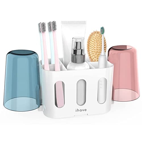 iHave Toothbrush Holders for Bathrooms with 2 Cups, Tooth Brushing Holder Bathroom Organizer Countertop, Electric Tooth Brush Holder with 5 Slots and 2 Hanging Holes Bathroom Set