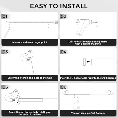Mogaath Hanging Pot Pan Rack, Heavy Duty 5/8'' Diameter Adjustable Kitchen Organizer, 32 Inch Iron Wall Mounted Pot Rack Detachable Rail with 5 Hooks for Pots, Pans, Lids, Utensils, Matte Black 9