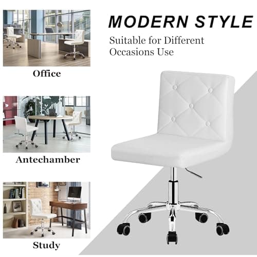 VECELO PU Leather Mid-Back Armless Vanity Chair Adjustable Height 360° Rolling Swivel for Home Office Work, White 5