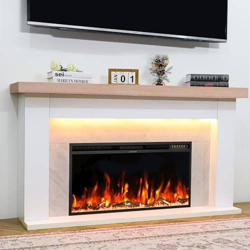 Weyderk 62" Freestanding Electric Fireplace Mantel - Replaceable 36" Heater Insert, 1500W Realistic 3D Flame Effect & 15 LED Colors, Remote Control & Timer, Gary Marble Finish (Living Room/Bedroom)