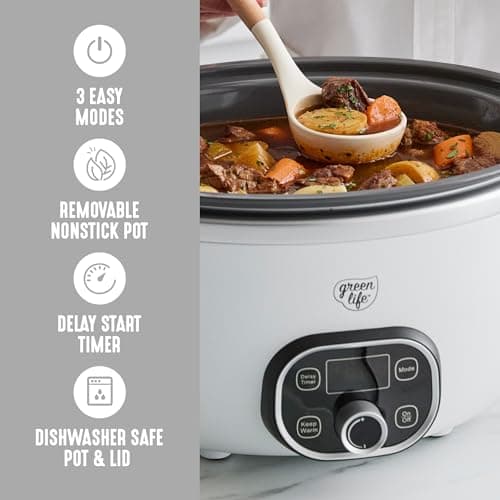 GreenLife 6QT Slow Cooker, Non-Toxic PFAS-Free Ceramic Nonstick Removable Interior Bowl, Programmable, Family Friendly, Keep Warm, Stovetop & Oven Safe, Dishwasher Safe Crock, Timer, Glass Lid, White 7