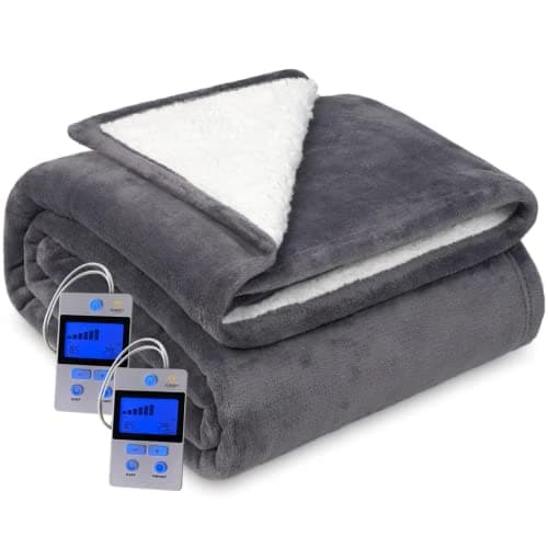 Sunset Low Voltage Heated Electric Blanket, Digital Controls, 10 Heat Levels, Preheat, Safety auto shutoff, Flannel Sherpa Oversized Bedding (Queen)
