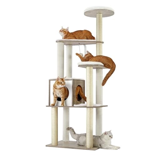 Feandrea Cat Tree, 64.6-Inch Modern Cat Tower, Multi-Level Condo with 5 Scratching Posts, Perch, Washable Removable Cushions, Cave, Heather Greige UPCT166G01
