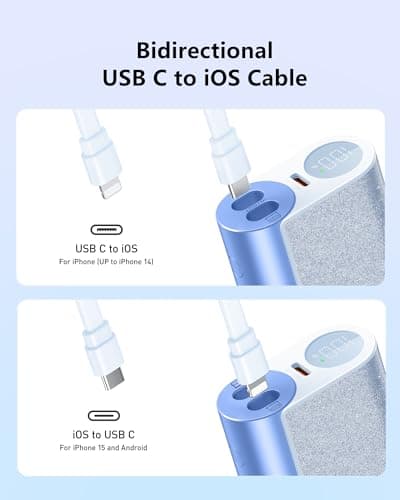 VEGER Compact Portable Charger with Built in Cable(Removable), 10000mAh Cute Power Bank 20W Fast Charging, Sparkling Battery Pack Fashion Travel Accessory Compatible with iPhone 15/14, Android-Blue 4