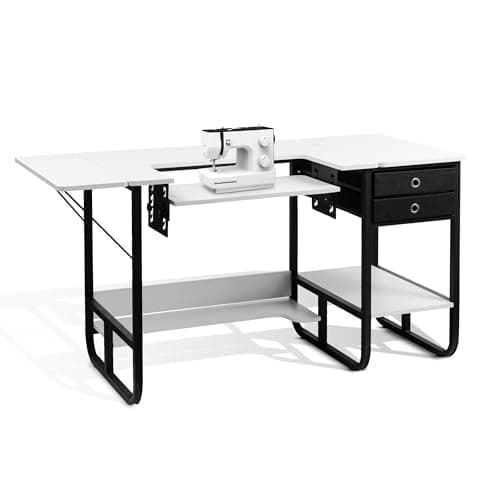 Vividwood Foldable Sewing Machine Table, Multipurpose Sewing Table with Adjustable Platform, Storage Shelf and 2 Cloth Drawers (Warm White)