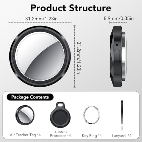QCOQ Air Tracker Tags-4 Pack Black | Bluetooth Tracker Work with Apple Find My (iOS Only), Smart Tag with Protective Case/Keychain/Lanyard, Item Finder for Luggage/Key/Suitcase, Replaceable Battery 9