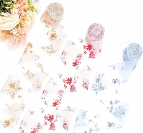 Magnoloran 3 Roll 1.5In Wide 16 Yard Floral Chiffon Ribbon Handmade Frayed Edges Fringe Silk Ribbon for Christmas Wedding Party Decor, Bridal Bouquet, Gift Wrapping, DIY Crafts