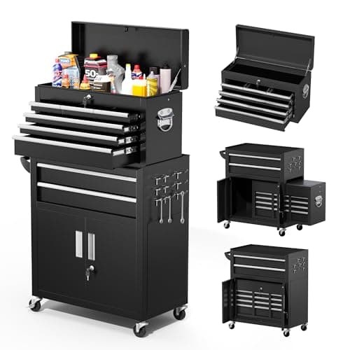 Greenvelly Metal Tool Chest,8-Drawer Rolling Tool Cart with Wheels,2 in 1 Detachable Tool Cabinets,Tool Box,Liners and Locking System for Garage,Warehouse,Workshop, Barbershop(Black)