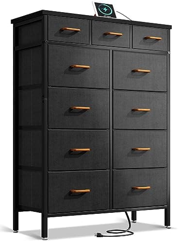 Casaottima Dresser 52-Inch Tall with Charging Station, Large Dressers with 11 Storage Drawers for Bedroom, Fabric Chest of Drawers for Living Room, Dark Grey