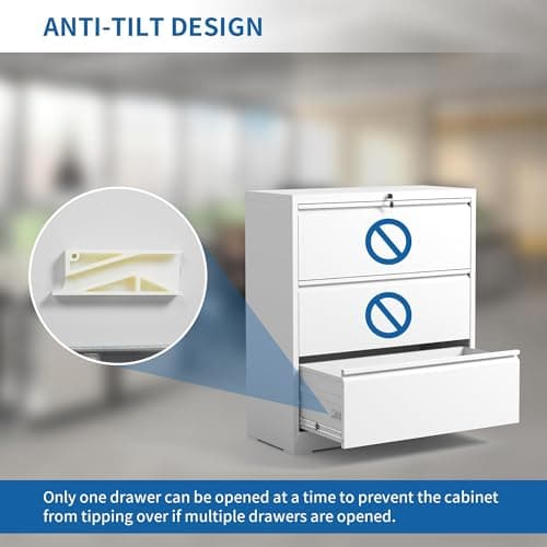 Lateral 3 Drawer File Cabinet with Lock, Metal Large-capacity Fully Extendable Drawers for Home Office, Adjustable Hanging Rods for A4/Legal/Letter Sizes, Anti-tipping Design, Require Assembly, White 5
