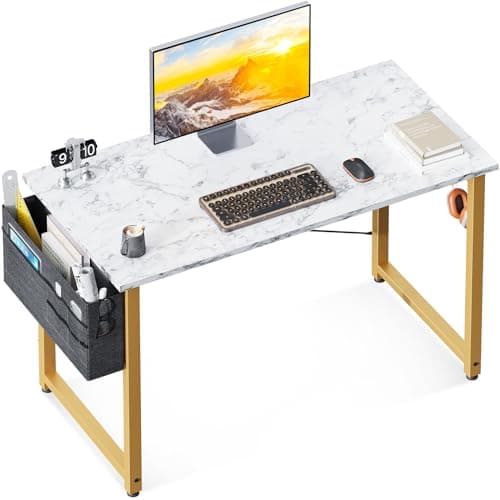 ODK Computer Desk, 40 Inch Small Study Desk, Office Desk with Storage, Work Table with Headphone Hook for Small Space Home Office, White Marble + Gold Leg