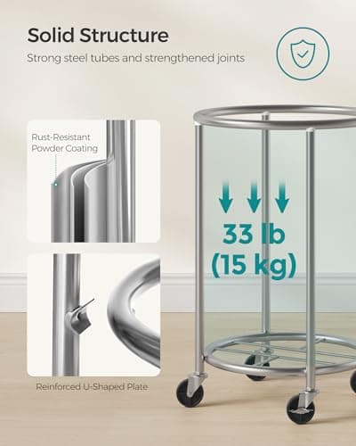 SONGMICS 18.5-Gallon (70 L) Laundry Basket with Wheels, Rolling Round Heavy-Duty Laundry Hamper Cart with Steel Frame and Removable Bag, 2 Locking Wheels, Ink Black and Metallic Silver URLS006B01 7