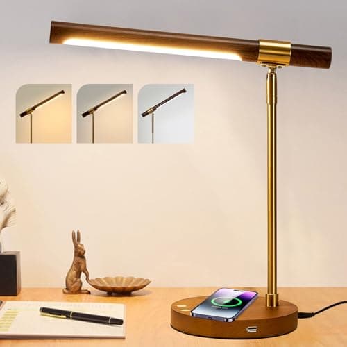 Myhaptim LED Wood Grain Desk Lamp with Wireless Charger, Desk Lamps for Home Office with USB Charging Port, Touch Control Desk Light Adjustable, Eye-Caring Office Lamp with Night Light