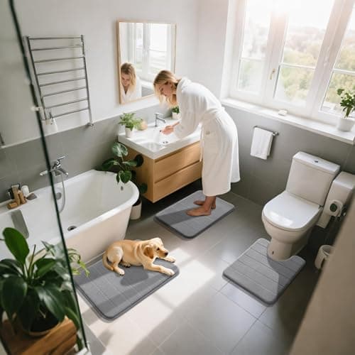 Yimobra Memory Foam Bath Mat Set 3 Pieces- Super Soft Absorbent Quick Dry Bathroom Rug Sets, Machine Washable Non Slip Floor Carpet for Tub Shower, Vanity & Toilet Base, Gray 8