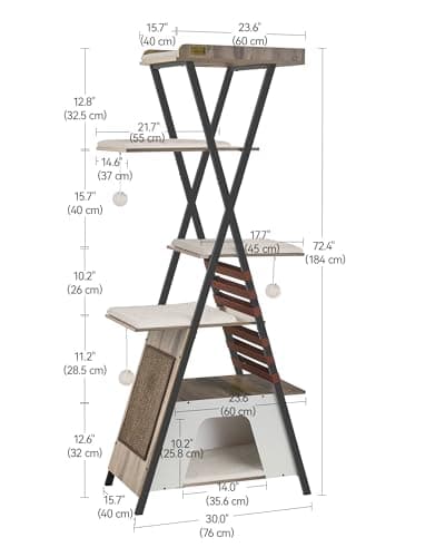 FourFurPets 72.4" Cat Tree, Modern Cat Tower for Indoor Cats, Multi-Level Cat Condo with Caves, Tall Cat Tree with Cat Scratching Board, Wooden Cat Tower with Large Perch, Removable Pads, Camel Brown 5