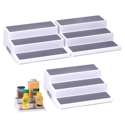 3-Tier Spice Rack, Plastic Spice Rack Organizer for Cabinet, Non-Skid Spice Shelf Organizer for Kitchen Cabinet, Countertop or Pantry, 3 Pack, White/Grey