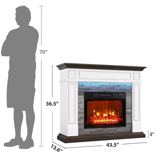 44" Electric Fireplace Mantel, LED Farmhouse TV Stand with Electric Fireplace Heater, Stacked Stone Surround and Remote Control 3D Realistic Flame, White Fireplace for Living Room Bedroom 5