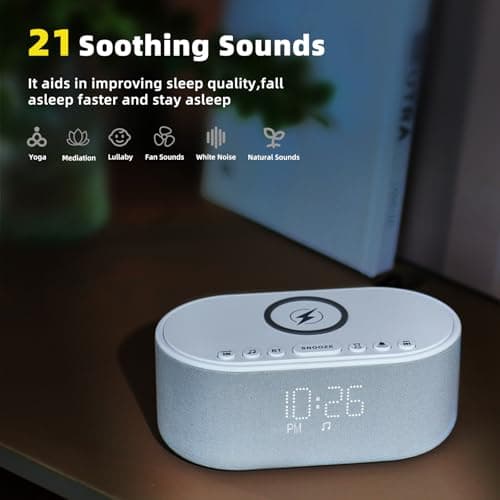Sound Machine Alarm Clock Wireless Charger: Bluetooth 10W Stereo Sound Speaker Bedroom - White Noise Machine for Sleeping with 21 Soothing Sounds 5