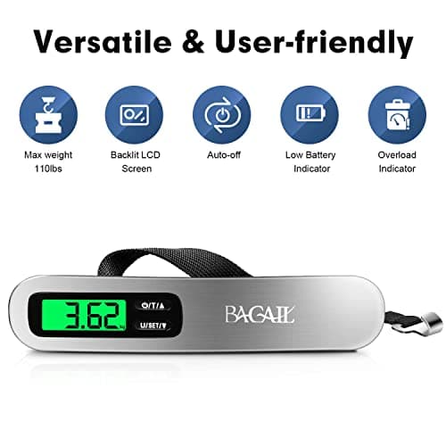 BAGAIL Digital Luggage Scale,110lbs Hanging Baggage Scale with Backlit LCD Display,Portable Suitcase Weighing Scale,Travel Luggage Weight Scale with Hook,Strong Straps for Travelers(Silver) 6