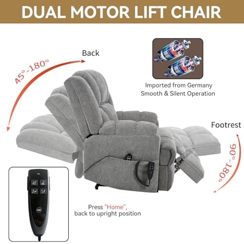 Sicilyforny Power Lift Recliner for Elderly, Dual Motor Heat Massage Electric Chair with Remote, 350lb Capacity (Chenille,Light Grey) 7