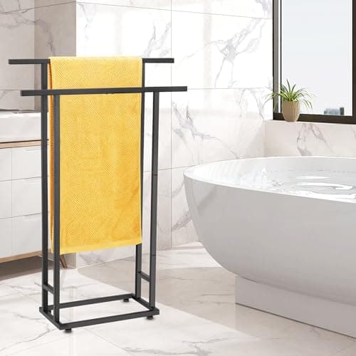 Standing Towel Racks for Bathroom, 2 Tier Bathroom Floor Free Standing Towel Rack, Tall Enough Pool Bath Drying and Dispaly Outdoor Stand for Storage, Black Freestanding Blanket Holder, ALHAKIN 6
